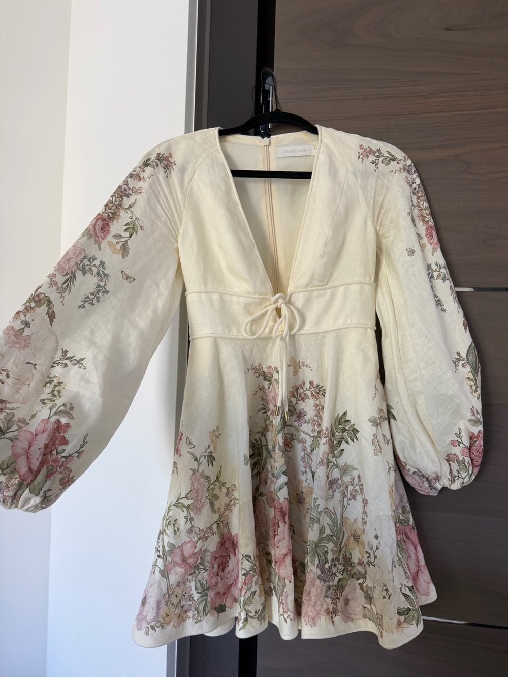 Zimmermann Cream Floral Mini Dress with Pink & Green Accents